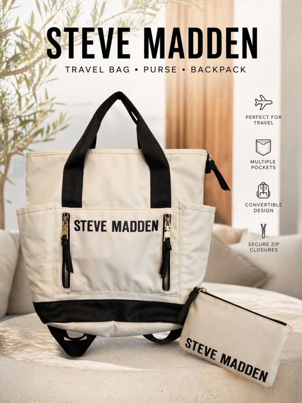 Steve Madden Travel Backpack Convertible Tote Cream Black NWT w/ Pouch - Picture 2 of 12